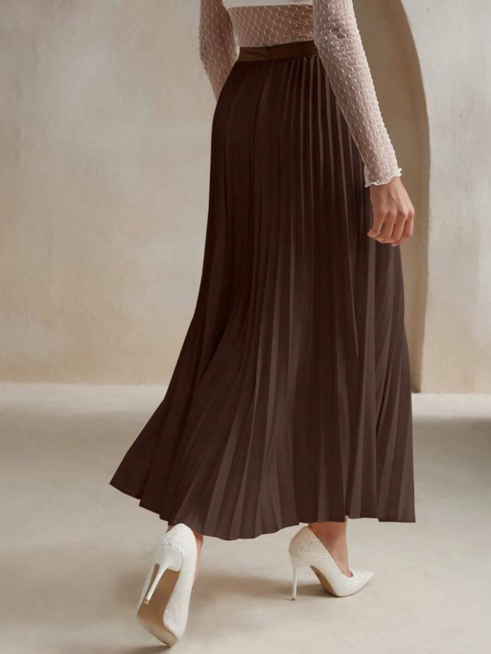 Pleated Maxi Skirt in Coffee Brown